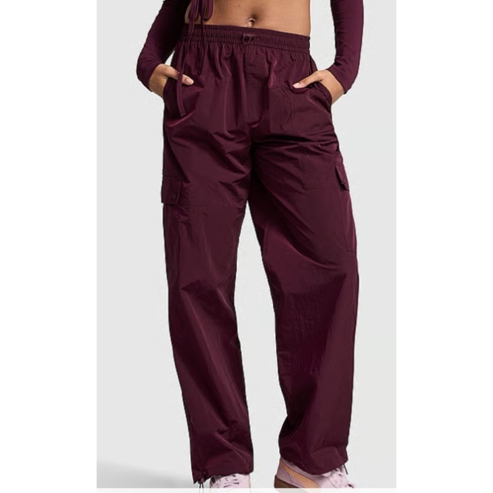 PINK Victoria's Secret Satin Parachute Cargo Pants Burgundy